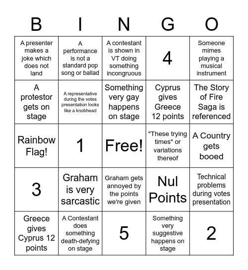 Eurovision Bingo Card