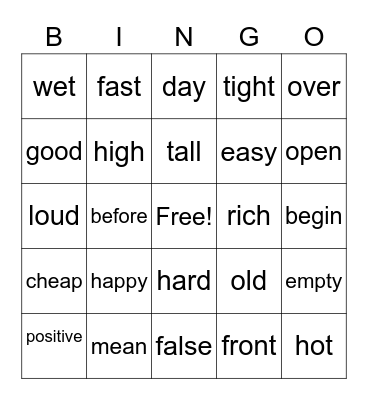 Antonym Bingo Card