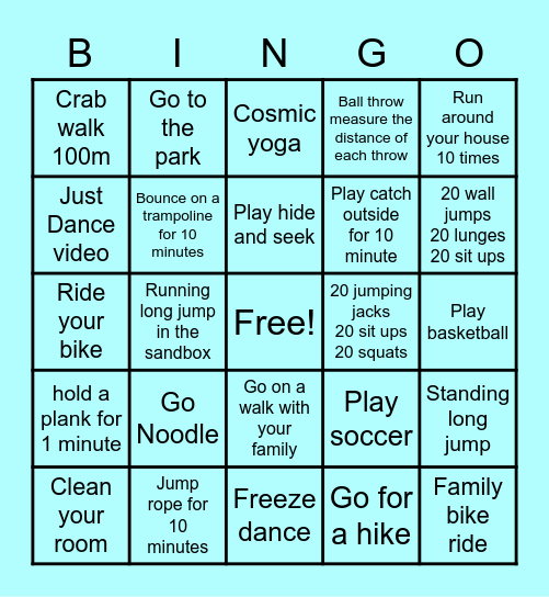 At Home PE Bingo Card