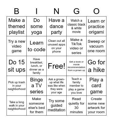 Boredom Bingo Card