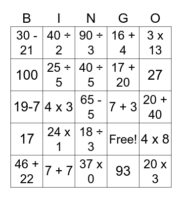 Maths Bingo Card