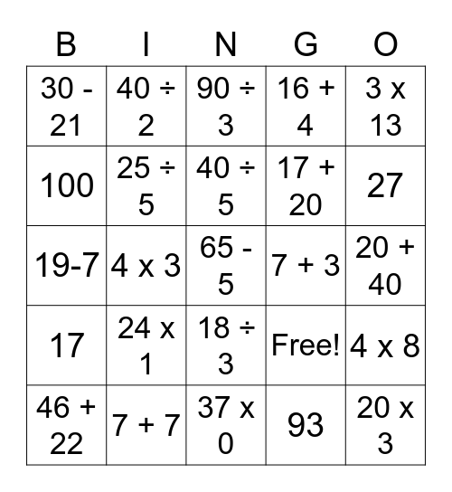 Maths Bingo Card