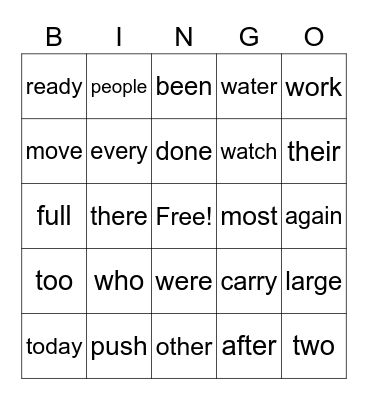 Sight Word Bingo Card