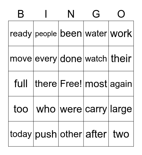 Sight Word Bingo Card