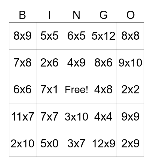 Multiplication Bingo Card