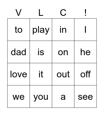 Sight Words Bingo Card