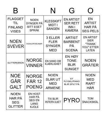 EUROVISION 2021 Bingo Card