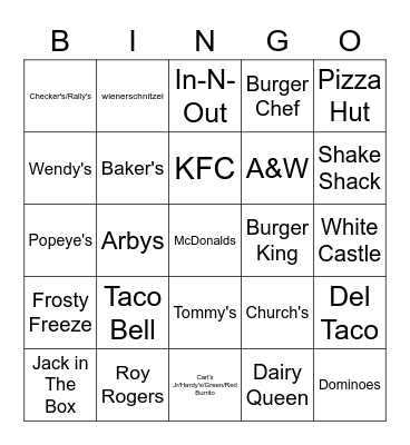 Fast Food Near Me (within 10 miles) Bingo Card