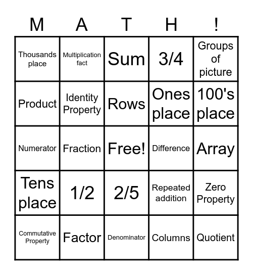 3rd Grade Math Bingo Card