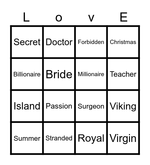 Mills & Boon Bingo Card