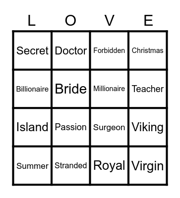 Mills & Boon Bingo Card