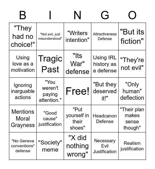 Defending Fictional War Crimes Bingo Card