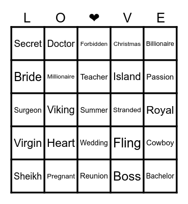 Mills & Boon Bingo Card