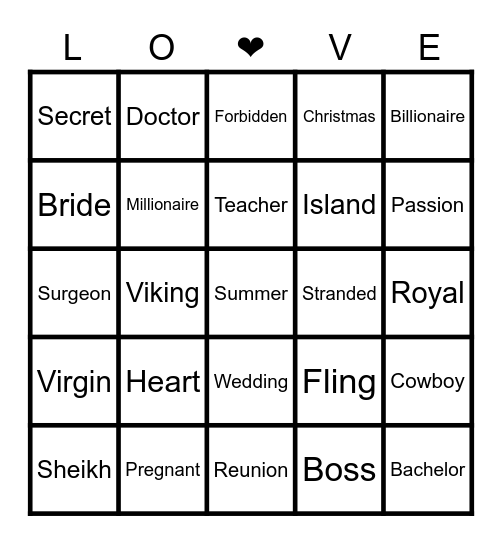 Mills & Boon Bingo Card