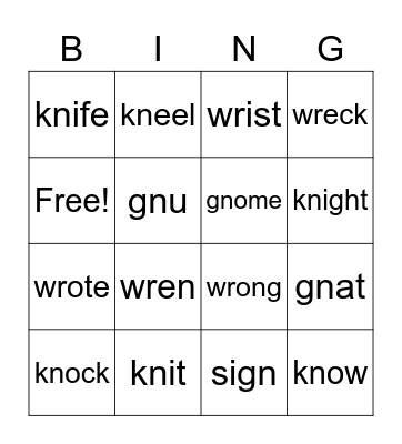 Silent Letters Bingo Card