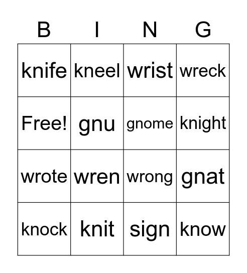 Silent Letters Bingo Card