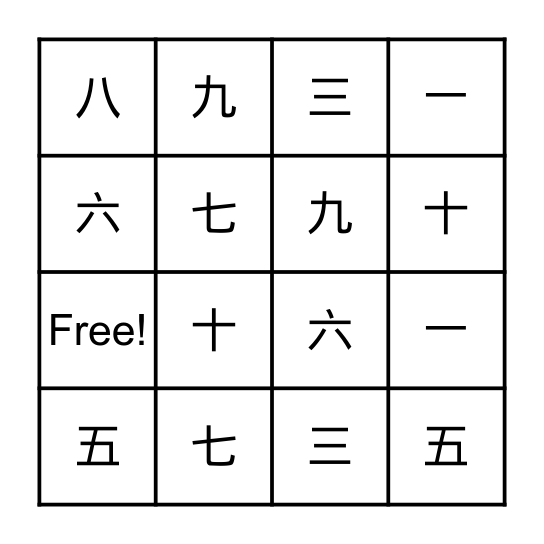 数字 1 10 Bingo Card