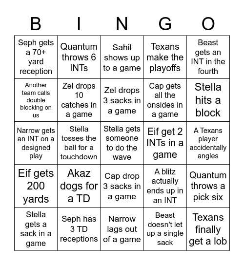 Texans Bingo Card