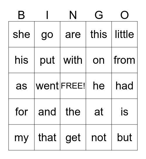 Sight word Bingo Card