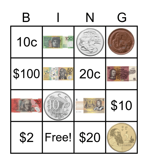 Australian Money Bingo Card