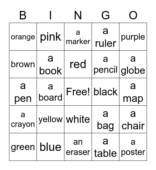 Colors and Words Bingo Card