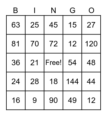 Multiplication Bingo Card