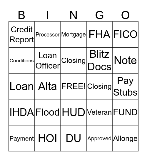 Mortgage Bingo Card