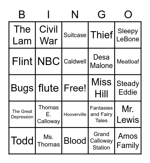 Bud Not Buddy Bingo Card