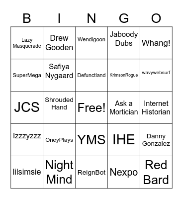 Non-Art/Animation Youtuber Bingo Card