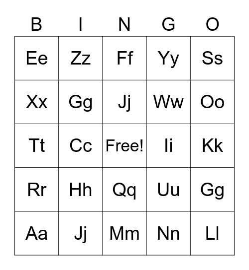 Letters (Dag) Bingo Card