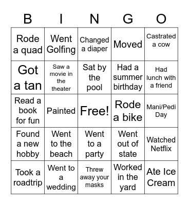 Summer Vacation Bingo Card