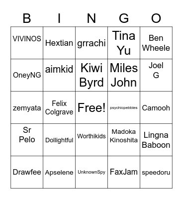 Art/Animation Youtubers Bingo Card