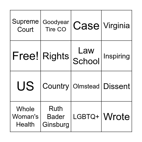 Ruth Bader Ginsburg Bingo Card