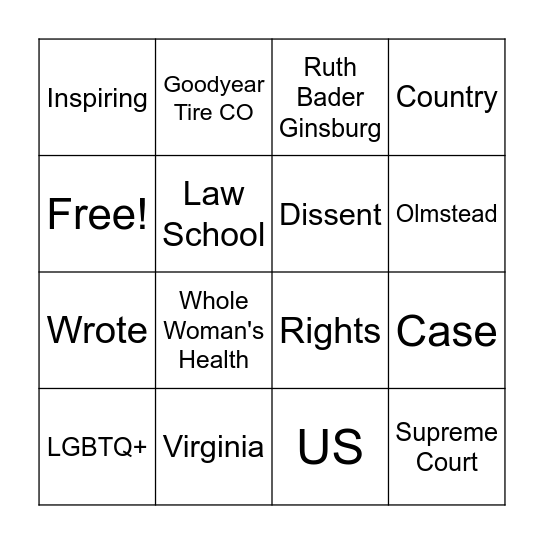 Ruth Bader Ginsburg Bingo Card