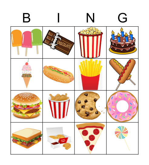 junk food Bingo Card