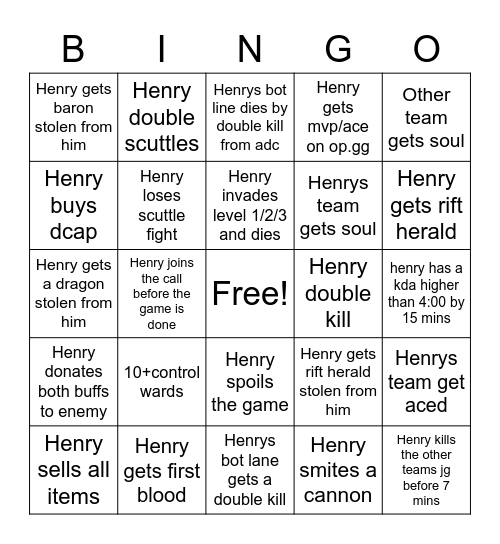 Henry competitive league Bingo Card