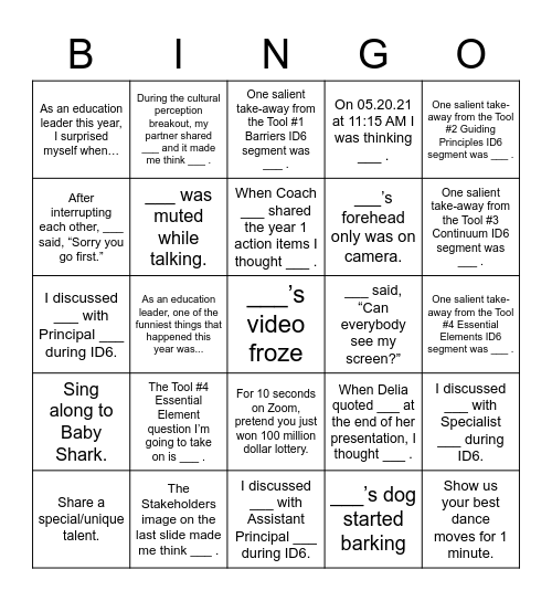 Cohort 11 ID6 Fun Bingo Card