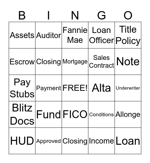 Mortgage Bingo Card