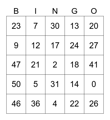 Number Bingo Card