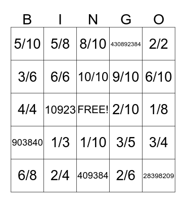 Fraction Bingo Card