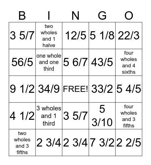 Mixed and Improper Fractions Bingo Card