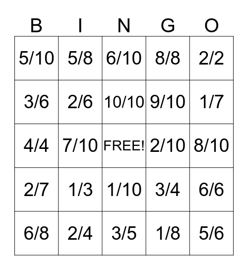 Fraction Bingo Card
