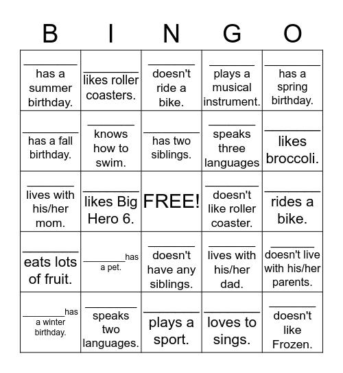 ELD (Simple Present) Bingo Card