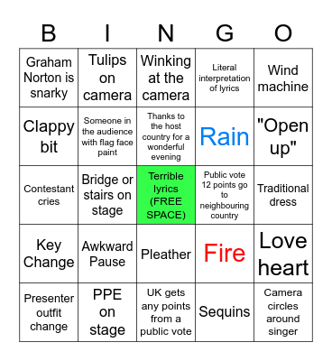 Smith Family Eurovision Bingo Card