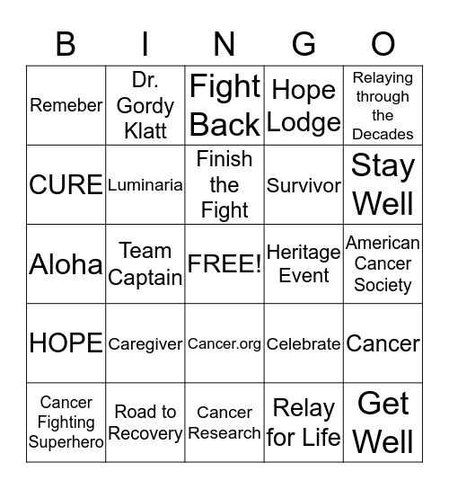 Relay for Life Bingo Card
