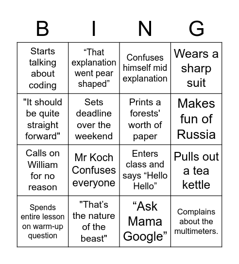 Mr Koch Bingo Card