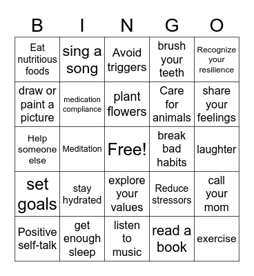 Healthy Living Bingo Card