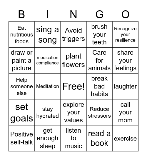 Healthy Living Bingo Card