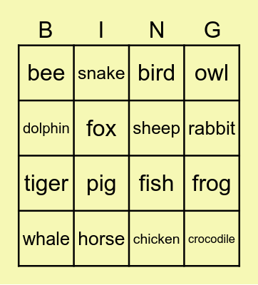 Animals Bingo Card