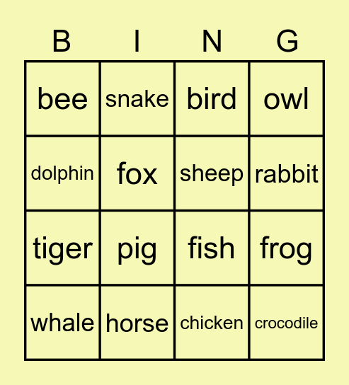 Animals Bingo Card